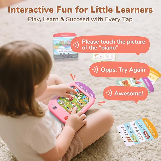 JoyCat Kids Learning Tablet, 156 Pages Tap-to-Read Flash Cards with 20 Interactive Games, Montessori Toy for Alphabet, Phonics, Words, Simple Math & Songs, Birthday Gifts for 2-6 Years Old