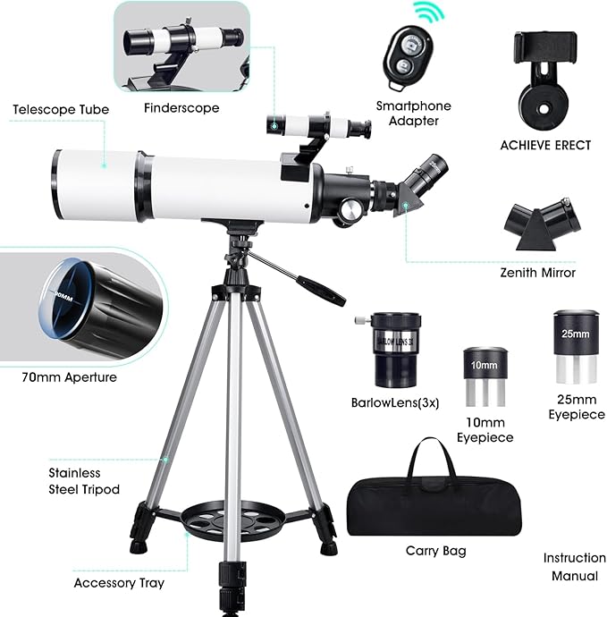 Telescopes for Adults Astronomy, 80mm Aperture 600mm Refractor Telescope for Beginners, Compact Portable Travel Scope