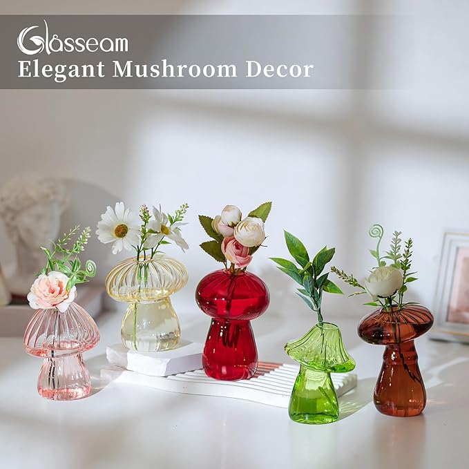 Glasseam Mushroom Plant Propagation Stations: Cute Glass Terrarium Jar Propagation Vase Set of 10 Hydroponic Planters for Home Room - Unique Colorful Mushroom Decor Gifts for Plant Lovers