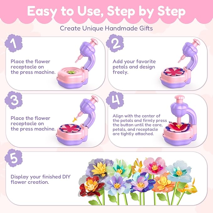 Fabric Flower Bouquets Toys DIY Flower Press Kit Arts and Crafts for Kids Ages 4-8 6-8 8-12 Girls, Creative Flower Bouquet Making Set Craft Supplies Gifts for 7 Year Old Girl Birthday Christmas
