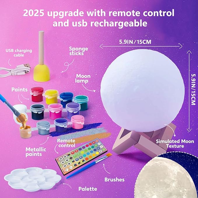 HOLA Paint Your Own Moon Lamp Kit, 2025 Updated USB Rechargeable, DIY Arts Supplies and Crafts Kit, Christmas Gifts for Grandkids Ages 6 7 8 9 10 11 12 13-15 Year Old Girls Boys Kids Birthday