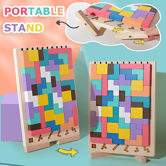Wooden Stacking Puzzle Toy,Montessori Brain Blocks,Russian Blocks Puzzle,Brain Teasers Game with 10 Cards,Home Decor,Montessori Toys for 3 Year Old Boys&Girls