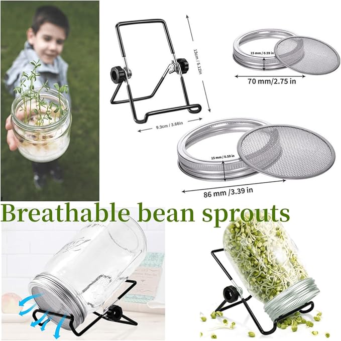 Lulonpon One Sprouting Jar Kit, Wide Mouth Quart Mason Jars with Stainless Steel Screen Sprout Lids, 86mm,1000ml,Stand,Tray and Canning Brush,Seed Sprouter Set for Growing Broccoli, Alfalfa, Mung Bean