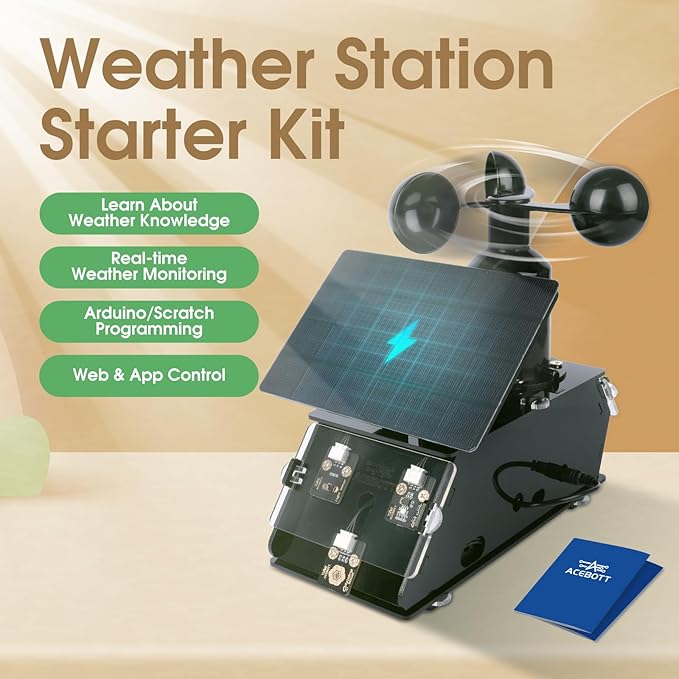 Science Kits for Kids Age 12+, ACEBOTT IoT Weather Station Kit Indoor Outdoor, STEM Kits with 8 Sensors & Solar Panel, Compatible with ESP32 Arduino IDE, Electronics Coding Kits for Teens & Adults