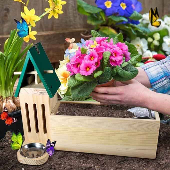 Picowe Butterfly House Wooden Butterfly Habitat Natural Butterfly Nesting Box Garden House with Feeder Hanging (Green, with Plant Holder)