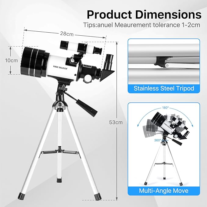 Telescope for Astronomy Beginners - 70mm Aperture Refractor Telescope for Stargazing with Adjustable Tripod Phone Adapter Wireless Remote Perfect Astronomy for Adults, White