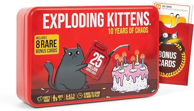 Exploding Kittens -10th Anniversary Collectible Tin (New Edition) – Updated with 8 Legacy Cards – Hilarious Fast-Paced Card Game for Adults and Kids, Travel Friendly, Ideal for Family Game Night