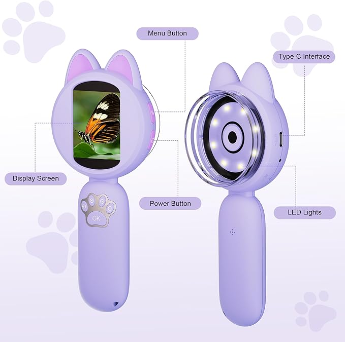 Microscope for Kids, 2Inch IPS Screen Digital Microscope, Kids Miniscope with 8Led Lights, Portable Mini Scope for Kids Educational Science Toys, Birthday for Age 3-12 Years (Purple)