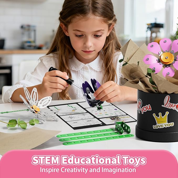 Metal Flower Bouquet Kit, Flowers Garden Building Set Toys for Kids Ages 8-12, STEM Project Building Toy with Storage Box, Birthday for Girls 8 9 10 11 Years Old