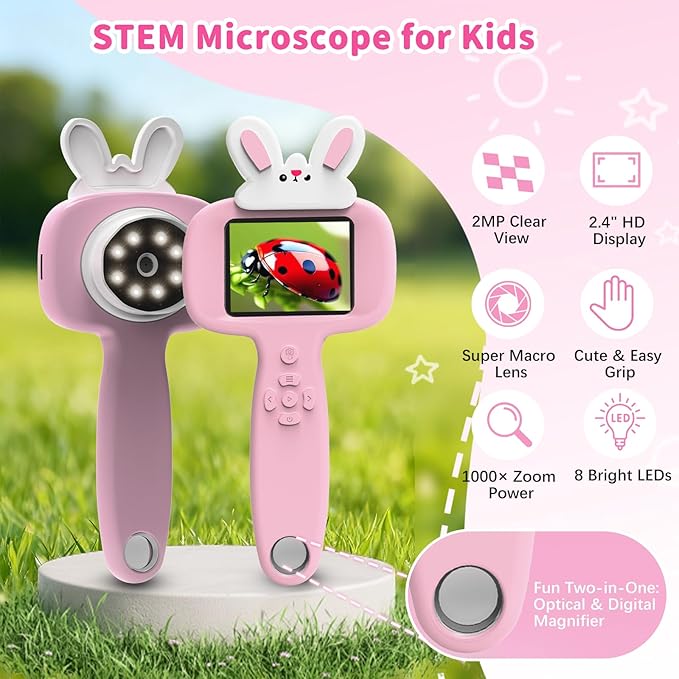 1000X Microscope for Kids with 16 Slides, 2.4" Handheld Digital Pocket Microscope, STEM Educational Science Toys for Christmas Birthday Gifts for 3+ 4 5 6 7 8 9 10 11 12 Year Old Boys Girls, Pink