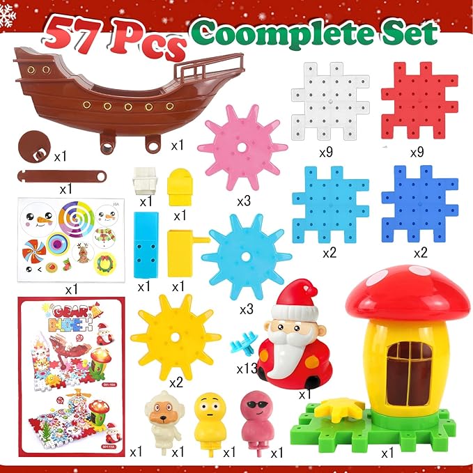 CORPER TOYS Christmas Gear Building Set for Kids，57PCS DIY Electric Gears Toy with Lights & Music & Pull Back Santa STEM Building Toy for Boys and Girls Ages 3+
