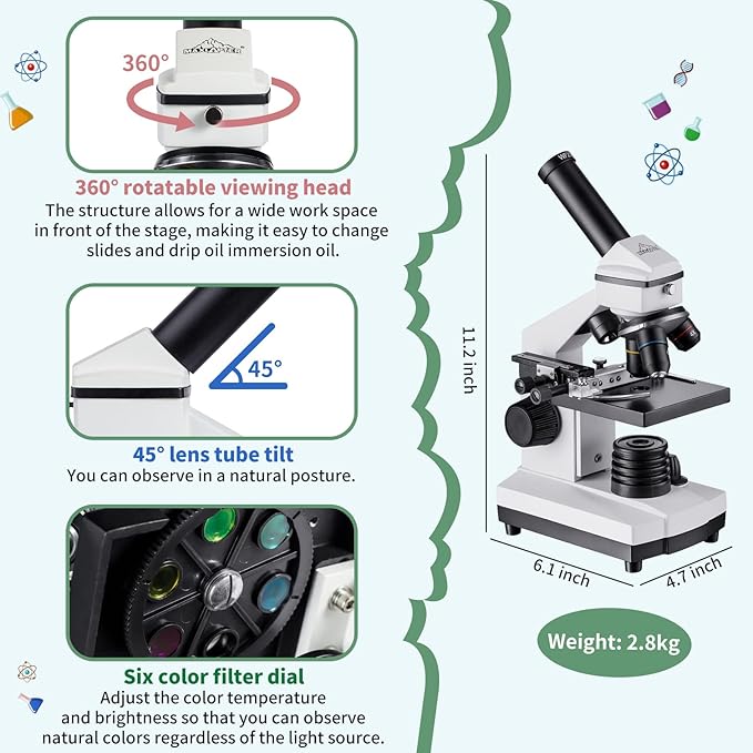 MAXLAPTER Microscope Kit for Kids 8-12 with Prepared Slides, 100-1000X Professional Compound Microscope for Kids Students with Mechanical Stage, Optical Glass Lenses, 10 Slides, Filter, Phone Adapter