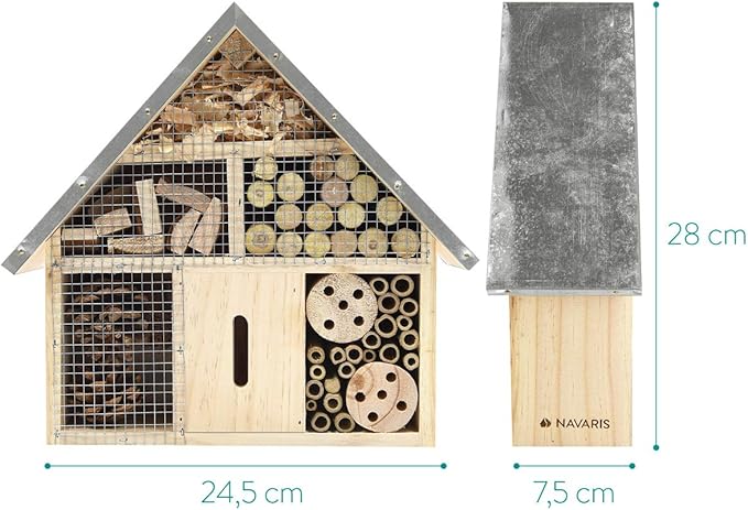 Navaris M Wooden Insect Hotel - 10 x 11 x 3 Inches - Natural Wood Insect Home Bamboo Nesting Habitat - Garden Shelter for Bees, Butterflies, Ladybugs