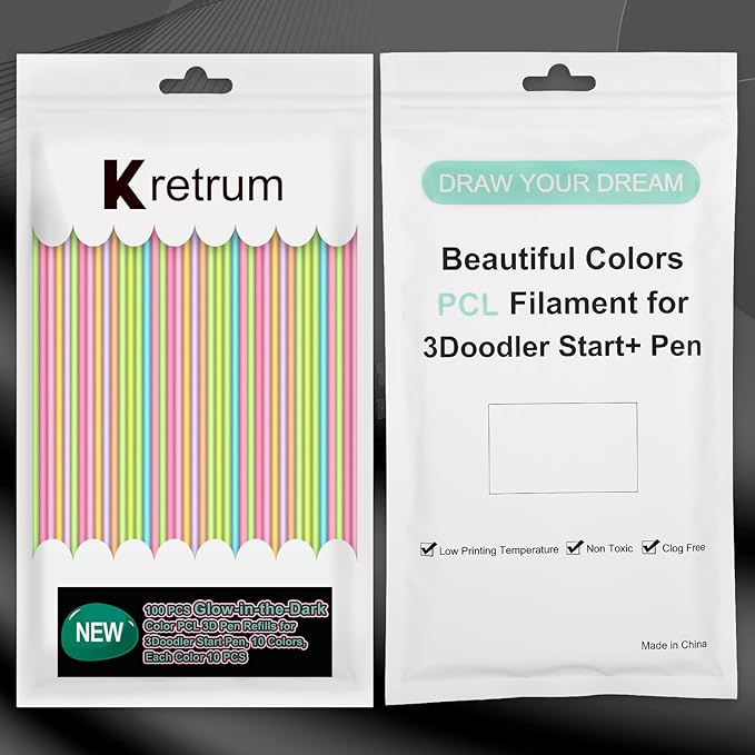 Glow in The Dark 3D Doodler Pen Refills for 3Doodler Start+ 3D Pen 2.5mm PCL Filament Refills Packs 10 Colors Glow Filament Each Color 10 pcs Total 100 pcs Only Fit for 3Doodler Start Pen