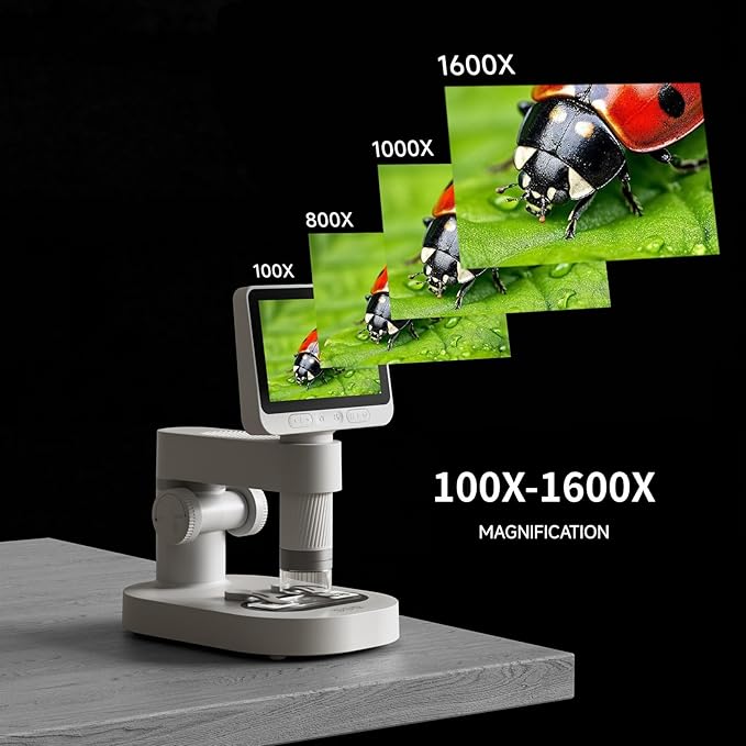 4'' IPS Handheld Pocket Digital Microscope with 100-1600X Screen, 1080P HD Portable Microscope with 8 Adjustable LED Lights