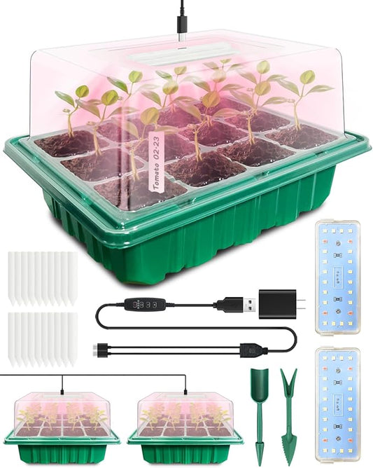 Seed Starter Tray with Grow Light (2x 24-LED), 2 Pack Seed Starter Kit with Humidity Domes and Timing Controller, Adjustable Brightness, Reusable Seedling Starter Tray, Thicken Seed Starting Trays