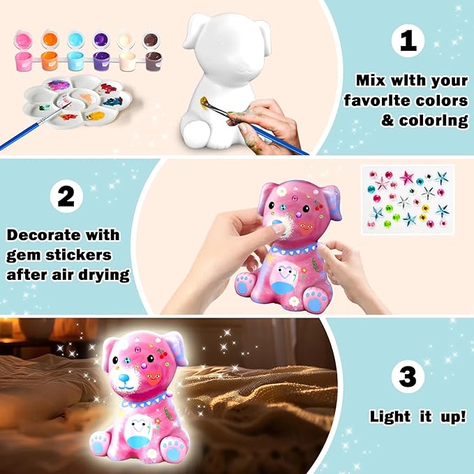 FUNZBO Paint Your Own Dog Lamp Kit - Arts and Crafts Supplies Puppy Painting Kits for Kids Teens Adults, DIY Night Light Dog Toy for Toddlers Girls Boys Ages 3 4 5 6 7 8 9 10 11 12 13+ Birthday Gifts