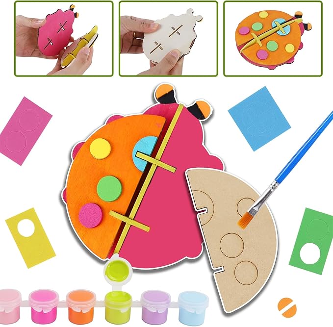 Glintoper Wooden Insect Crafts Painting Kit for Kids, 5 Piece Set 3D Insect Puzzle with Brushes & Paint, Gift for Boys Girls Age 3 4 5 6 7 8, DIY Your Own for Christmas Easter Birthday Party Favors