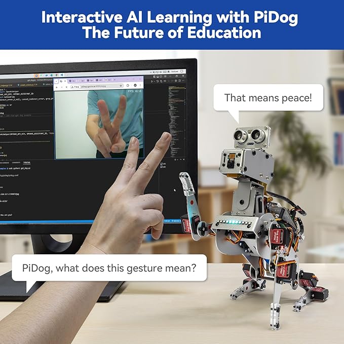 SunFounder PiDog AI Robot Dog Kit for Raspberry Pi 5/4/3B+/Zero 2W, LLMs ChatGPT-4o/Gemini/Grok, Voice&Video Recognition, Python, App Control, Battery, Gyroscope, Camera (RPI NOT Included)