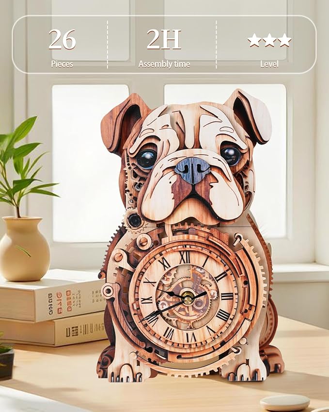 3D Wooden Puzzles for Adults, 3D Puzzles Bulldog Clock(with Pendulum) 32Pcs, Beginners Wooden Puzzle for Adults Home Wall Decor Clock Crafts for Adult Puzzle Gift for Women Men