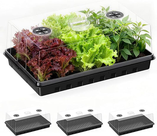 Seed Starter Tray, Gardening Plant Grow Trays Kit for Seedling, Germination Trays with 4.72 Inch High Humidity Domes，Large Growing Space & Better Air Flow for Seed Starting, Mini Greenhouse, 3PCS