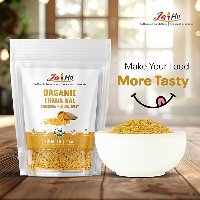 Jai Ho Certified Organic Chana Dal Chickpea Hulled Split 4 lb | Organic Chana Dal | USDA Organic | Non-GMO | Chemical-Free | Premium Quality Kosher (4 Pound, Chana Dal)