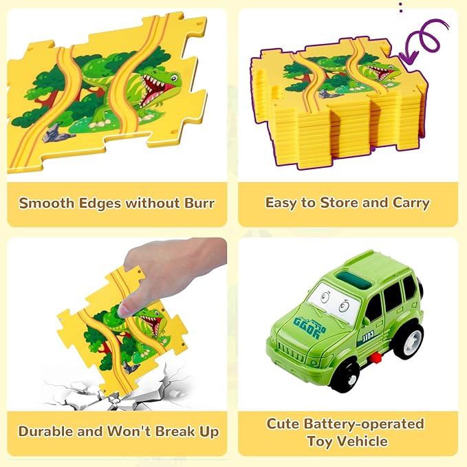 Plastic Dinosaur Puzzles for Kids with A Cute Car, Montessori Toys for 3 4 5 6 Year Old Boys, Race Tracks for Kids 3-5, Toddler Puzzle Track Play Set, Gifts for 3 4 5 6 Year Old Boys Toys