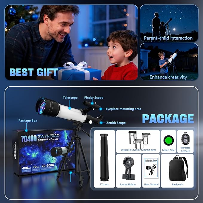 Telescope, Telescope for Adults & Kids, 70mm Aperture 400mm Refractor Telescopes for Astronomy Beginners with AZ Mount Tripod & Phone Adapter & Carry Bag, for Men