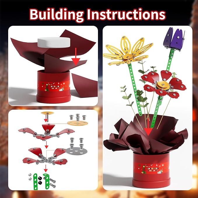 229Pcs Metal Flower Bouquet Kit, Flowers Garden Building Set Toys for Kids Ages 8-12, STEM Project Building Toy with Storage Box, Birthday for Girls 8 9 10 11 Years Old