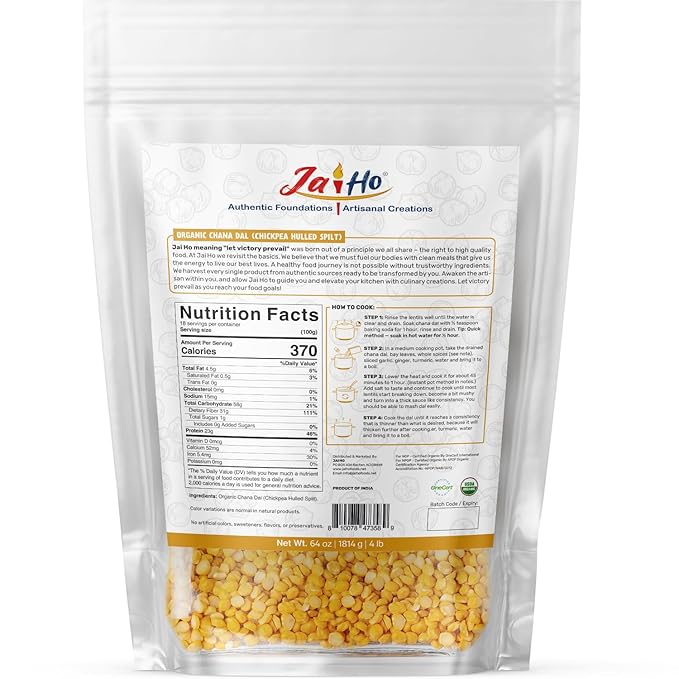 Jai Ho Certified Organic Chana Dal Chickpea Hulled Split 4 lb | Organic Chana Dal | USDA Organic | Non-GMO | Chemical-Free | Premium Quality Kosher (4 Pound, Chana Dal)