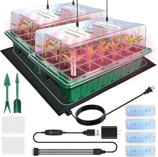 Seed Starter Trays with Grow Lights and Heat Mat, 2 Pack Seed Starter Kit with Humidity Dome and Timing Controller, Adjustable Vent and Brightness, Ideal Germination Tray for Seed Starting and Growing
