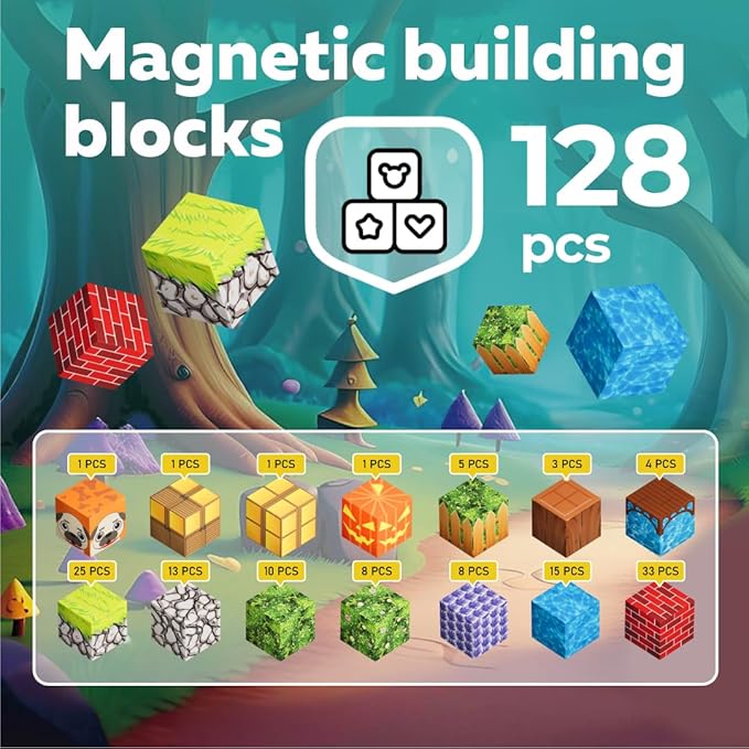 Magnetic Blocks Cubes 128PCS - STEM Cube Building Blocks & Magnet Tiles, Fidget, Montessori for Kids Ages 3-5 & 5-7 & 8-12, Magnetic Kit Cubes, Construction Magnet Toys Blocks Birthday Gifts