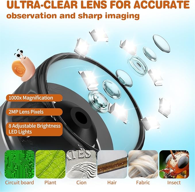 Pocket Kids Microscope for Over 3 Years Old, 1000X Handheld Microscope for Kids w/2''IPS Digital, Photo Video Mini Portable Microscopes, Science Edu Digiscope,Christmas Birthday Gifts for Kids