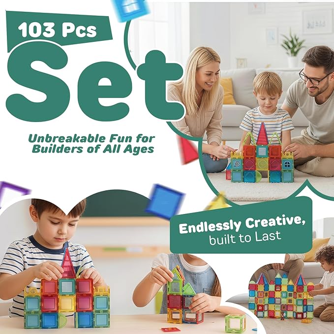 IMAGINATION 103 Piece Tiles Building Set for Kids Ages 3–8, STEM Educational Montessori Toy for Boys and Girls, Sensory Gift