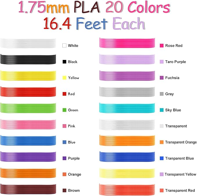 20 Colors 3D Pen Filament Refills 1.75mm PLA Threads Each Color 16.4 Feet Total 328 Feet with 2 Finger Caps Compatible with SCRIB3D and Compatible with MYNT3D 3D Pencil (3D Pen Not Included)