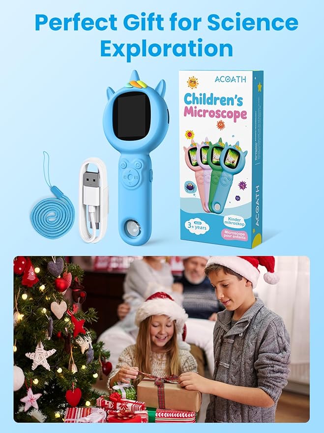 Microscope for Kids, Auto-Focus Handheld Digital Microscopes with 2.0" Screen, 8 LEDs Rechargeable Pocket Mini Microscope Christmas Gifts Educational Science Toys for Ages 5 6 7 8 9 10 11 12