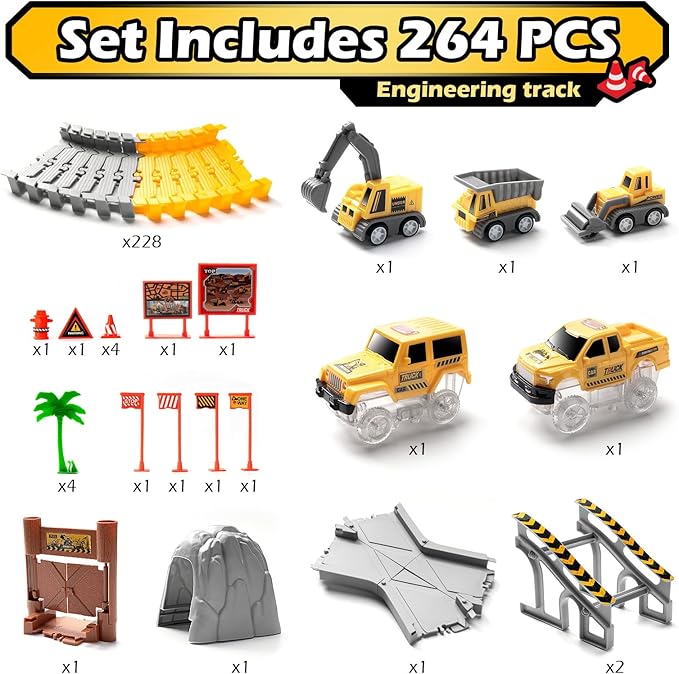 264 PCS Construction Race Tracks for Kids Toys, Glow in The Dark Magic Toy Set, 2 Light Up Cars Track, 3 Construction Cars, Flexible DIY Track Set, Birthday Gift for Age 3-9 Boys Toddler Girls