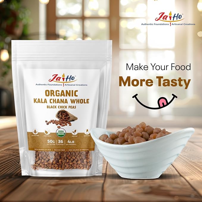 Jai Ho Certified Organic Kala Chana Whole 4 lb | Black Chick Peas | USDA Organic | Non-GMO | Chemical-Free | Premium Quality Kosher | 4 Lb (Kala Chana (Black Chick Peas))