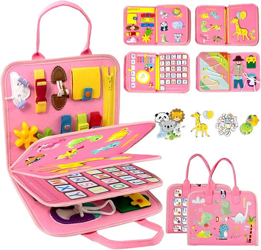 Qizfun Toddler Busy Board Montessori Toys – Sensory Busy Book, Educational Learning Travel Toy for Airplane & Car, Keeps Toddlers Engaged, Birthday Gifts for Toddler Girls