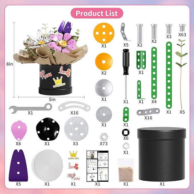 Metal Flower Bouquet Kit, Flowers Garden Building Set Toys for Kids Ages 8-12, STEM Project Building Toy with Storage Box, Birthday for Girls 8 9 10 11 Years Old