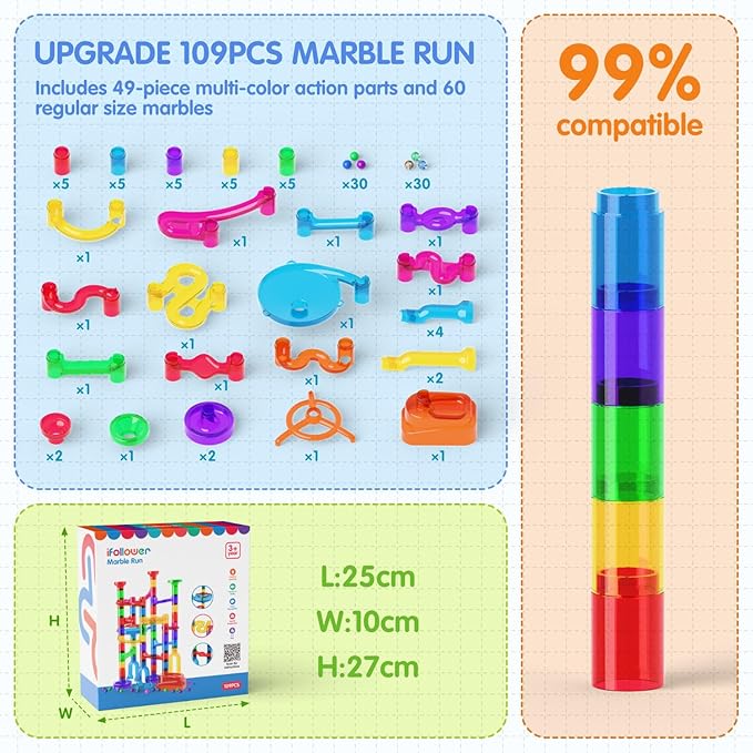Marble Run, 109Pcs Marble Maze Game Building Toys for Kid, Upgrade Mable Track Race Construction STEM Learning Toy, Birthday for Boys Girls Aged 3-12