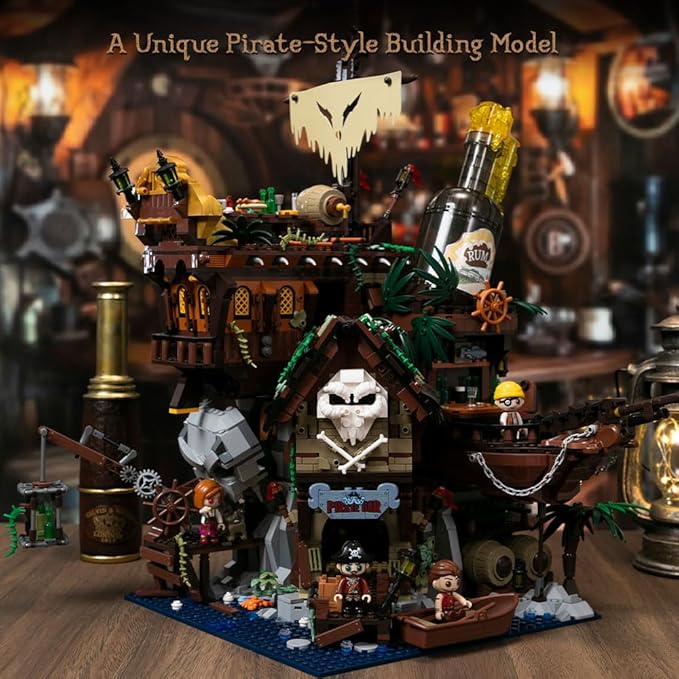 PANTASY Pirate Pub Building Kit – Modular Shipwreck Tavern Architecture Deck with Terrace Bar, Rum Bottle & Pirate Figures – Creative Nautical Display Set for Adults and Collectors