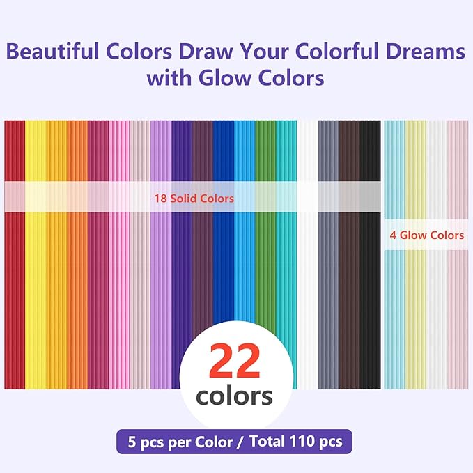 22 Colors 3D Printing Filament Refill for 3Doodler Start+ 3D Pen, Safe Low Print Temperature PCL Filament 2.5mm Thick, Premium 110pcs Total 1650cm Refill Pack Only Fit for 3Doodler Start+ Pen