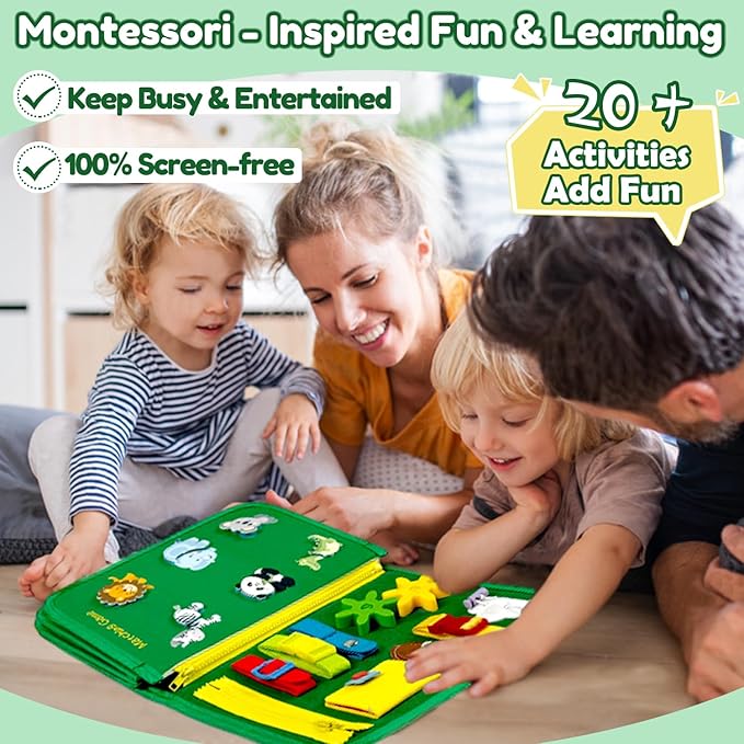Qizfun Toddler Busy Board Montessori Toys – Sensory Busy Book, Educational Learning Travel Toy for Airplane & Car, Keeps Toddlers Engaged, Birthday Gifts for Toddler Boys Girls