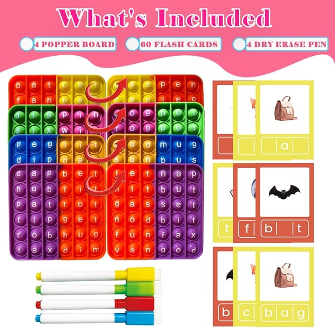 CVC Word Games with 4 CVC Word Popper & 60 CVC Flashcards, Learn to Read in Weeks, Multisensory Reading & Phonics Spelling Game, Ideal for Pre Kindergarten to 1st Grade-Homeschool Supplies