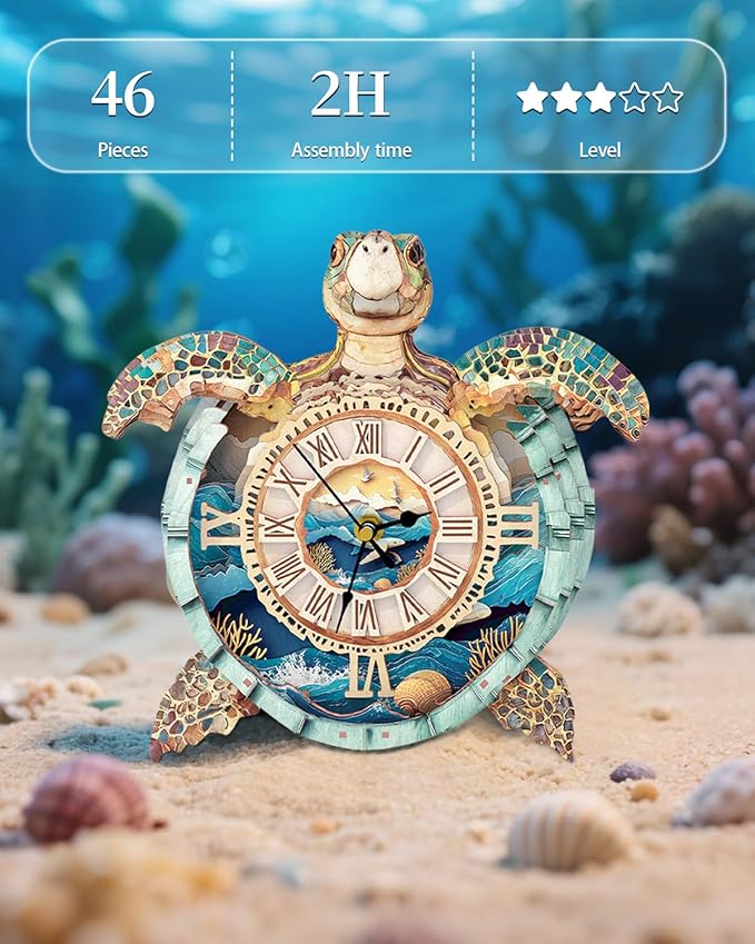 3D Puzzles for Adults, 3D Puzzle Sea Turtle Clock Kit (with Pendulum), Wooden Puzzles for Adults Home Wall Decor Clock Christmas Day Puzzle Gifts for Women Men