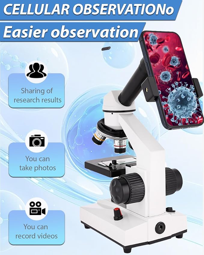 Compound Microscope, 2000x Magnification, with Smartphone Adapter, Slide Set, Dual LED Illumination System, Adult Microscope, Suitable for Beginners and Laboratory use (Monocular Microscope)