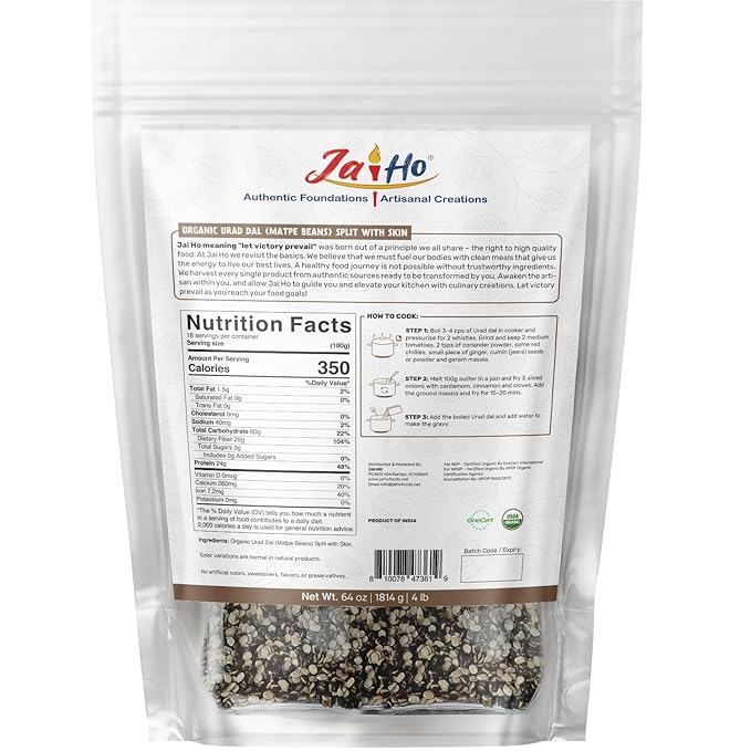 Jai Ho Certified Organic Urad Dal with Skin (Split Matpe Beans with Skin) 4 lb - USDA Organic | Non-GMO | Chemical-Free | Premium Quality Kosher