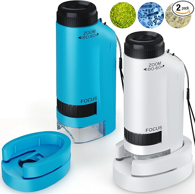 Portable Microscope for Kids 60x-180x,Handheld Mini Microscope STEM & Science Toys,LED Pocket Little Scientist Microscopes with 12pcs Slides,Gifts for 6,7,8,9,10+ Girls Boys(Deep Blue&White)