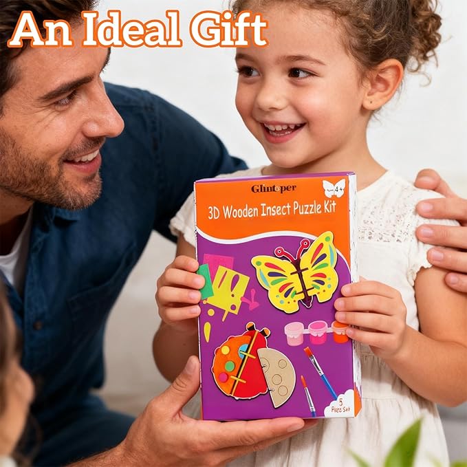Glintoper Wooden Insect Crafts Painting Kit for Kids, 5 Piece Set 3D Insect Puzzle with Brushes & Paint, Gift for Boys Girls Age 3 4 5 6 7 8, DIY Your Own for Christmas Easter Birthday Party Favors